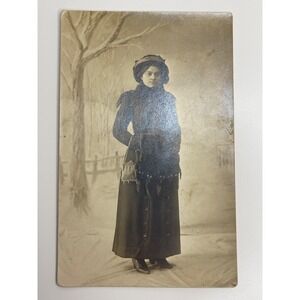 Antique 1913 Real Photo Postcard Woman Winter Coat Fur Muff Mesh Purse RPPC